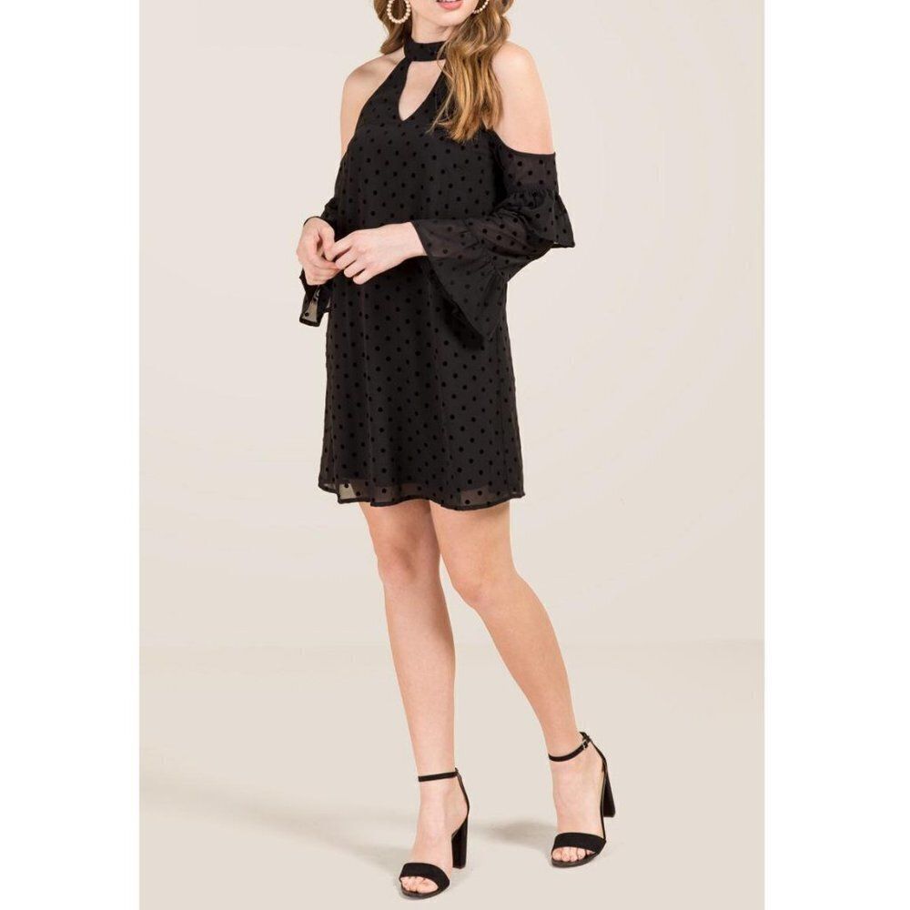 NWT Francesca's Helina Ruffle Swiss Dot Little Black Dress Womens Large